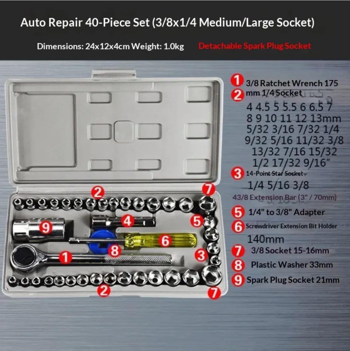 40Pcs Ratchet Socket Wrench Tool Set
